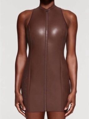 Skims Rubberized Scuba Mock Neck Mini Dress - Cocoa Brown- Sculpting Zip Front